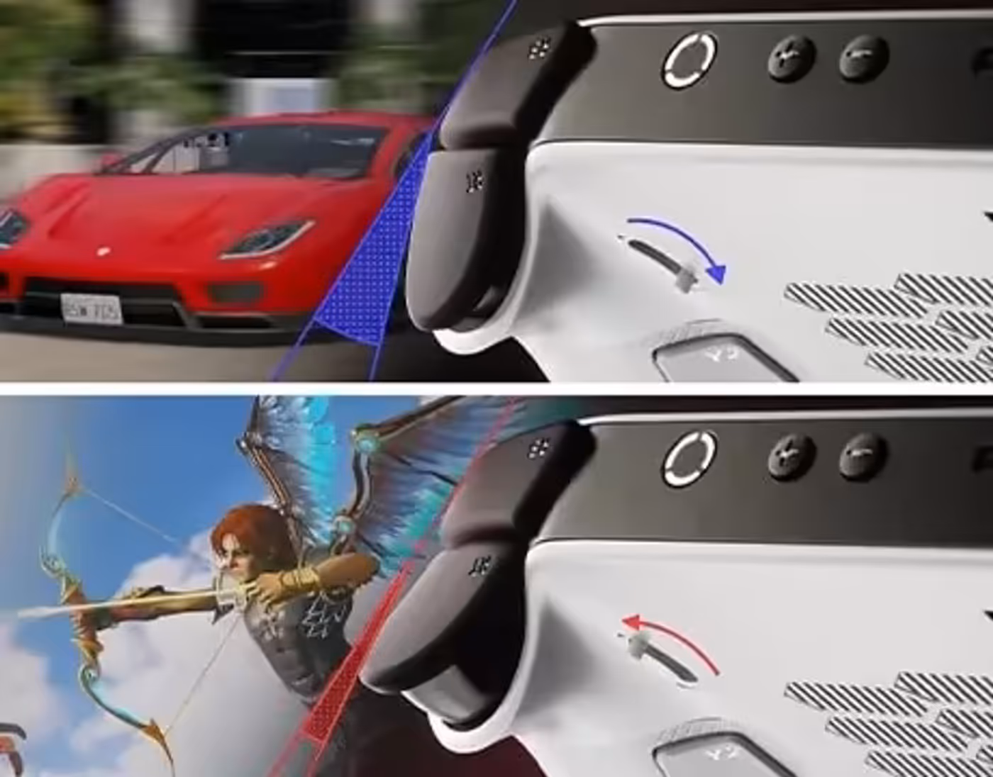 Close-up of Lenovo Legion Go S Gen 1 (8") rear triggers showcasing adjustable sensitivity for racing and action games.