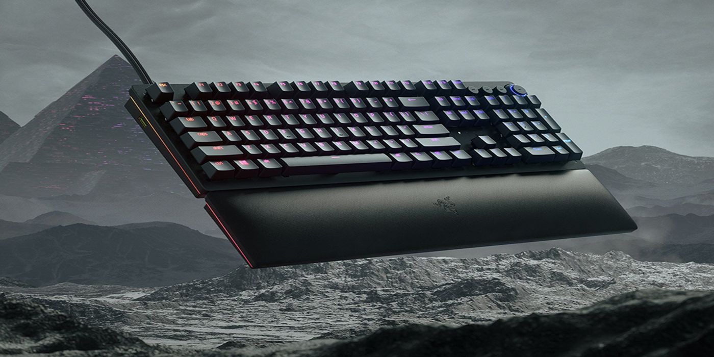 Razer Huntsman V2 Analog gaming keyboard shown from above with its wrist rest attached