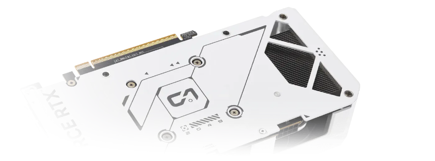 Close-up view of an ASUS graphics card's protective backplate, featuring a vented design for improved heat dissipation and structural durability.