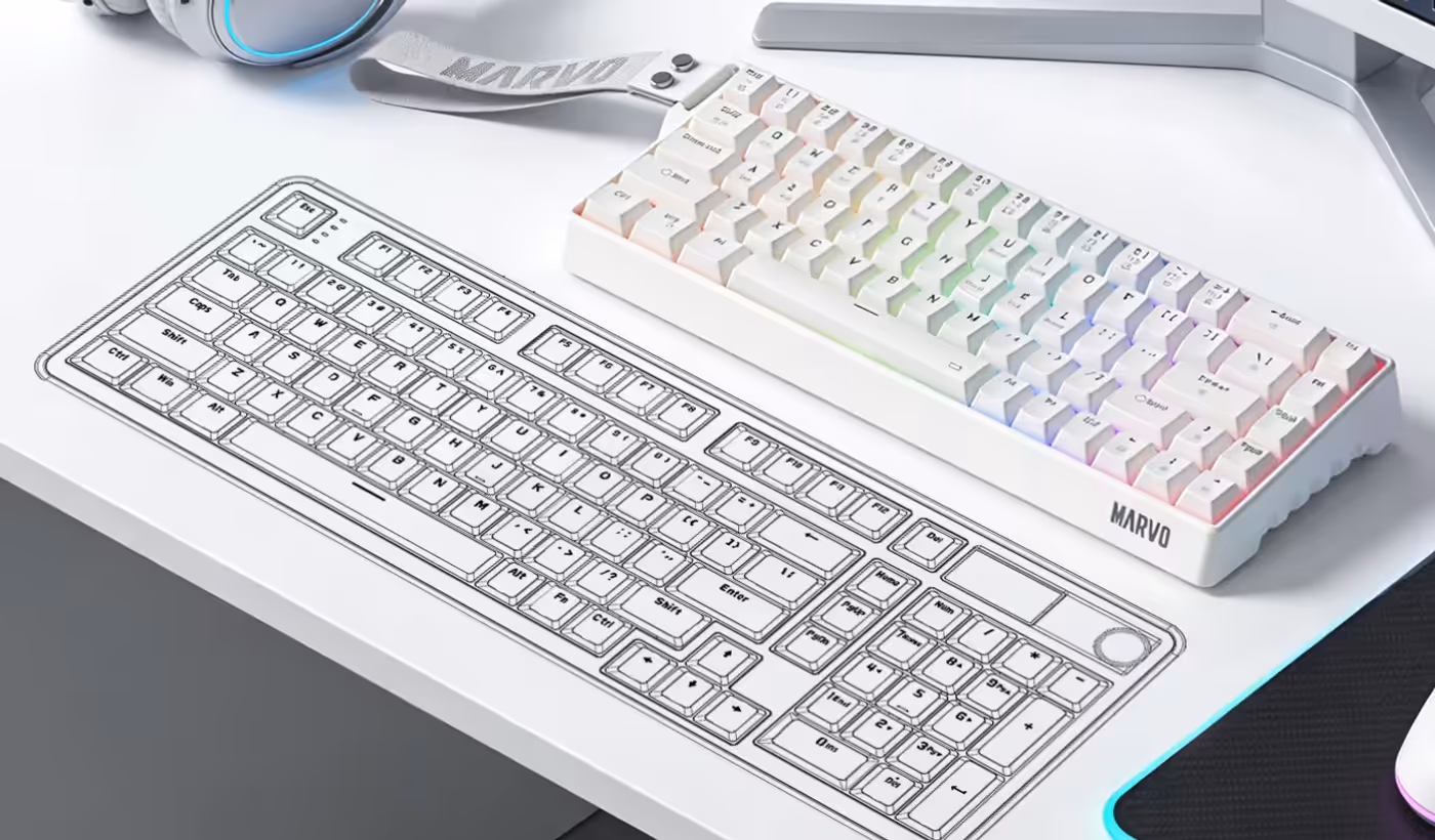 SABER 65W Tri-Mode Mechanical Gaming Keyboard hero banner showing white compact design