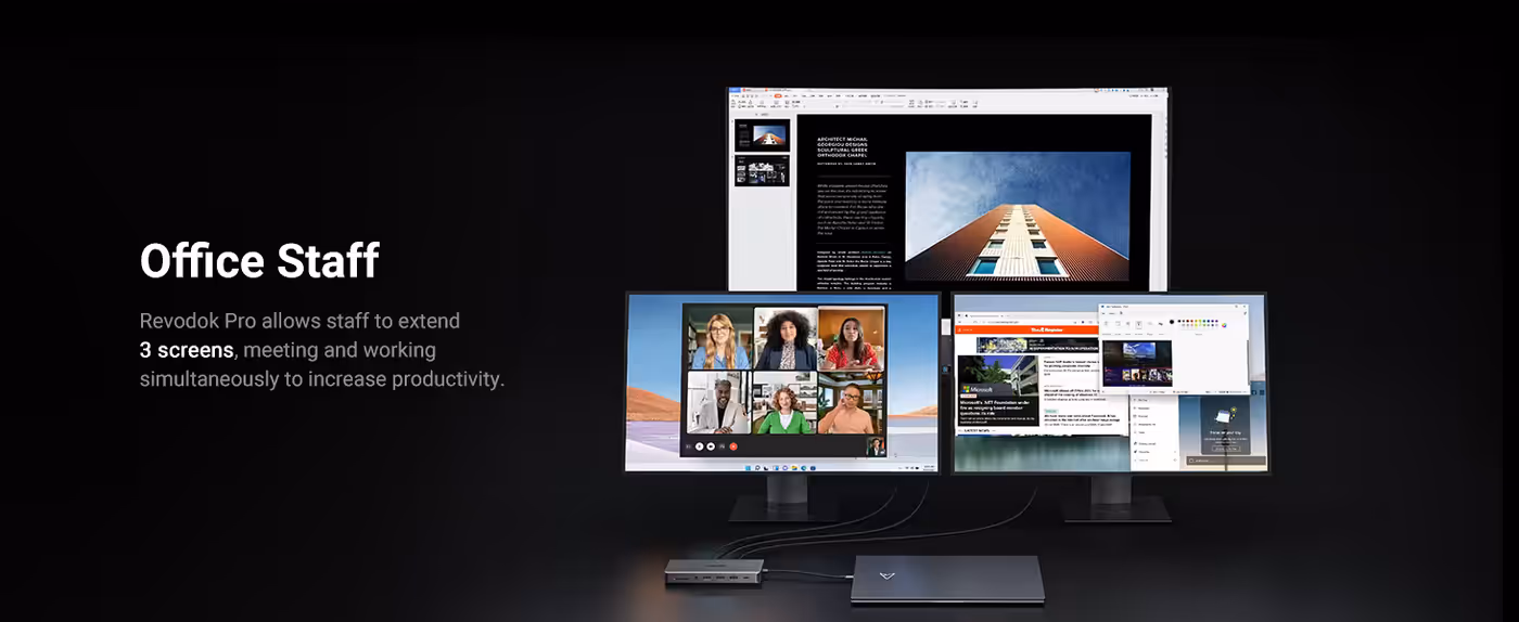 Office professional utilizing a clean desk setup with connected displays