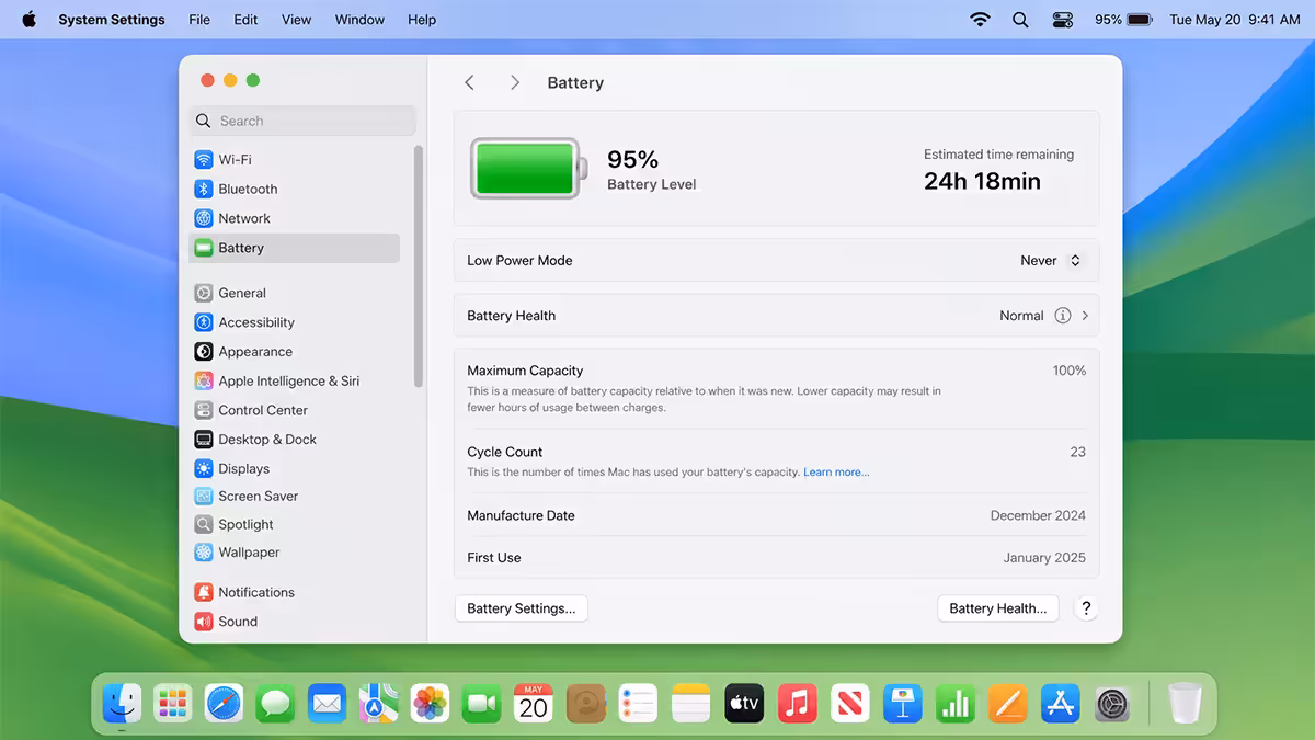 MacBook Air M4 13" battery status screen