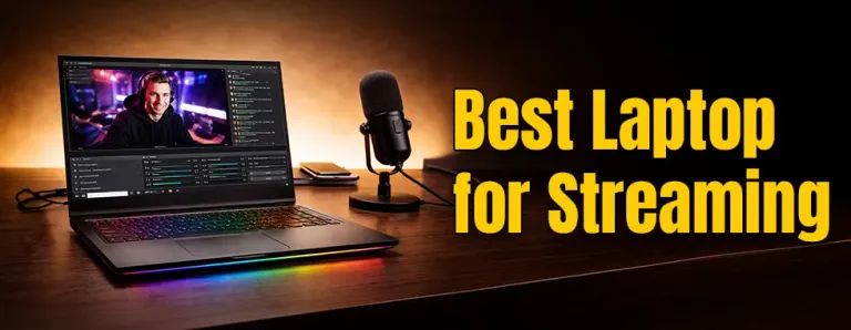 Laptop set up for live streaming with a microphone and camera