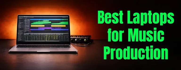 Laptop running a digital audio workstation session beside a USB audio interface and studio headphones