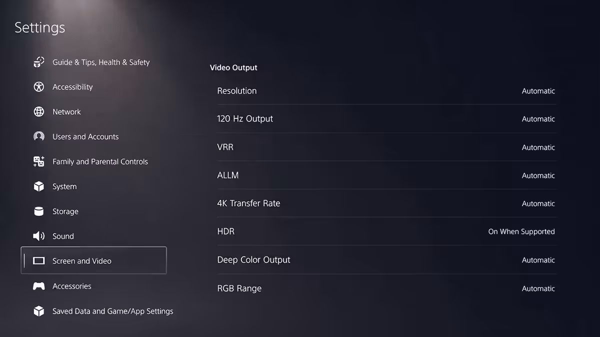 PS5 Screen and Video Output menu