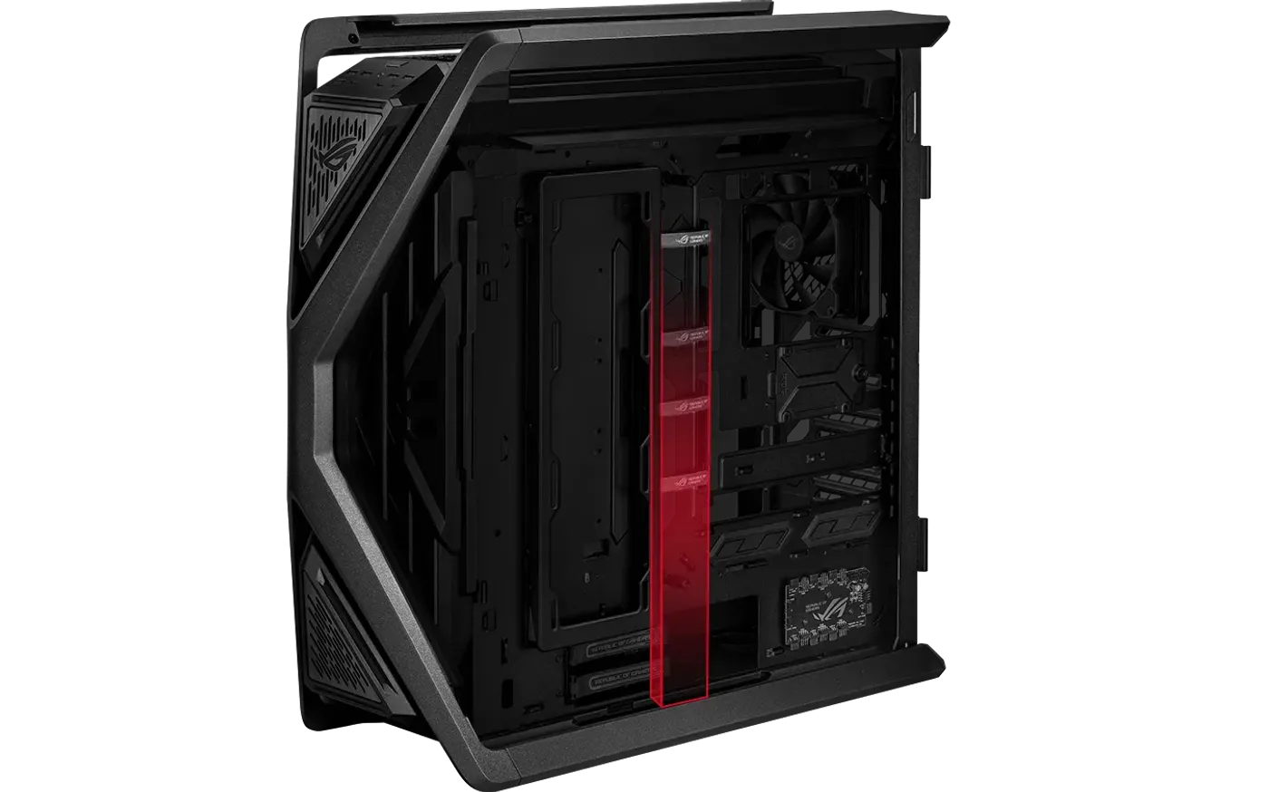 Rear side of ROG Hyperion GR701 BTF Edition with cable management space highlighted