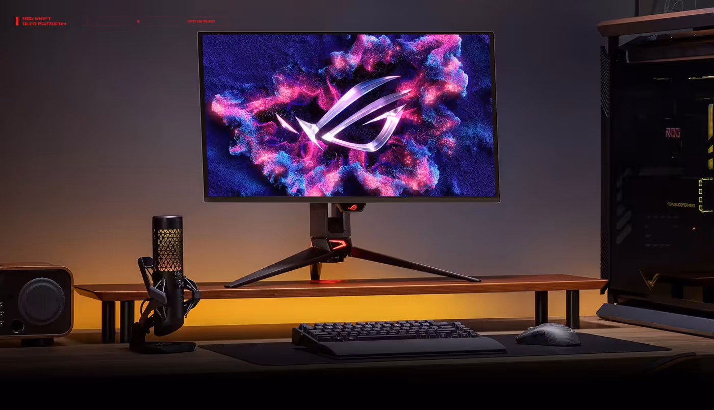 G27UCDM monitor on a screen stand with a mic in the foreground