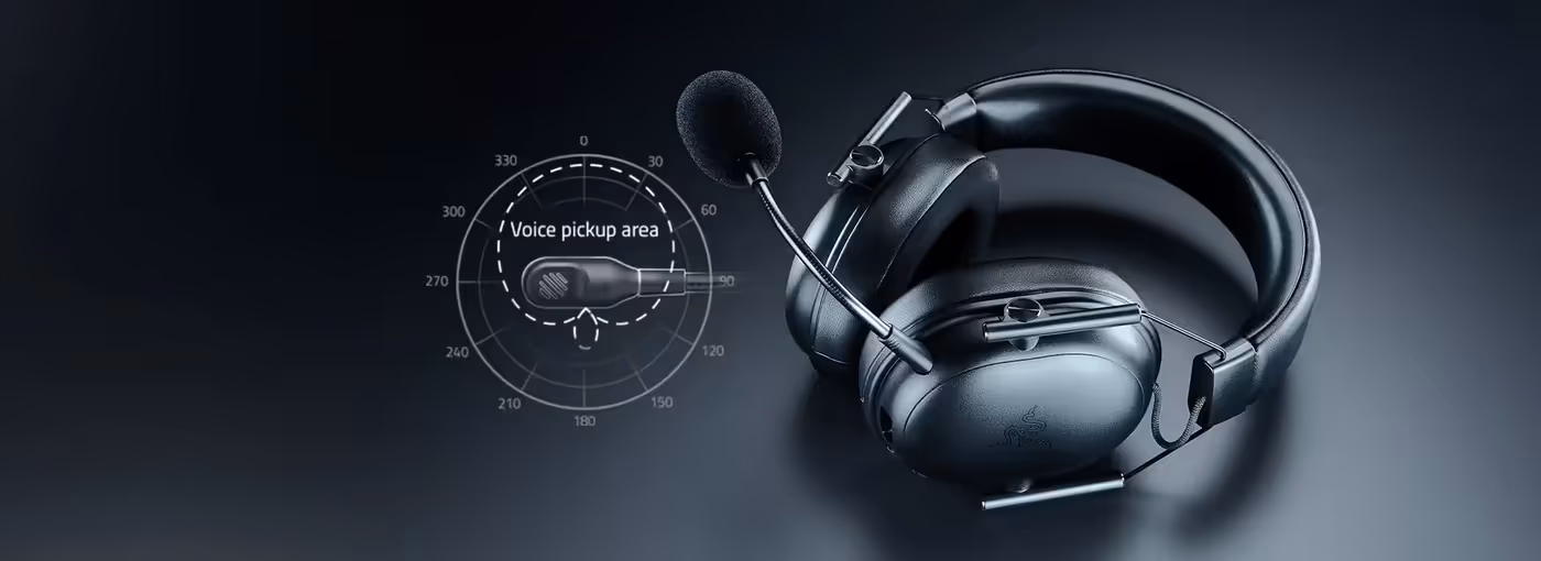 Wireless headset with a microphone; shows voice pickup area diagram and label Voice pickup area on a dark background.