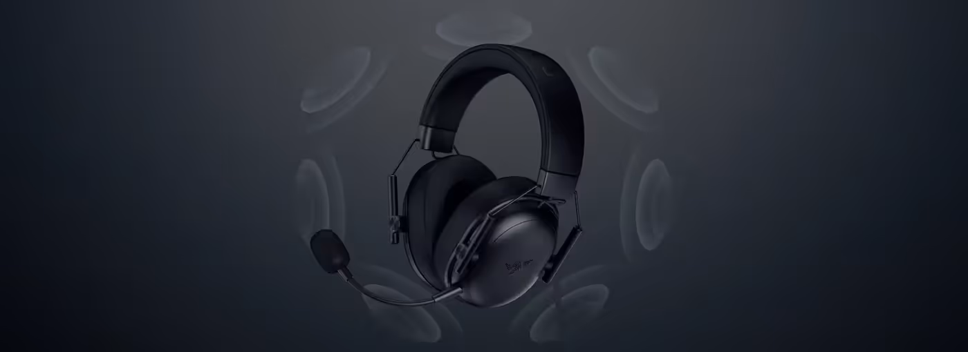 Black gaming headset with attached microphone, surrounded by sound wave icons on a dark background.
