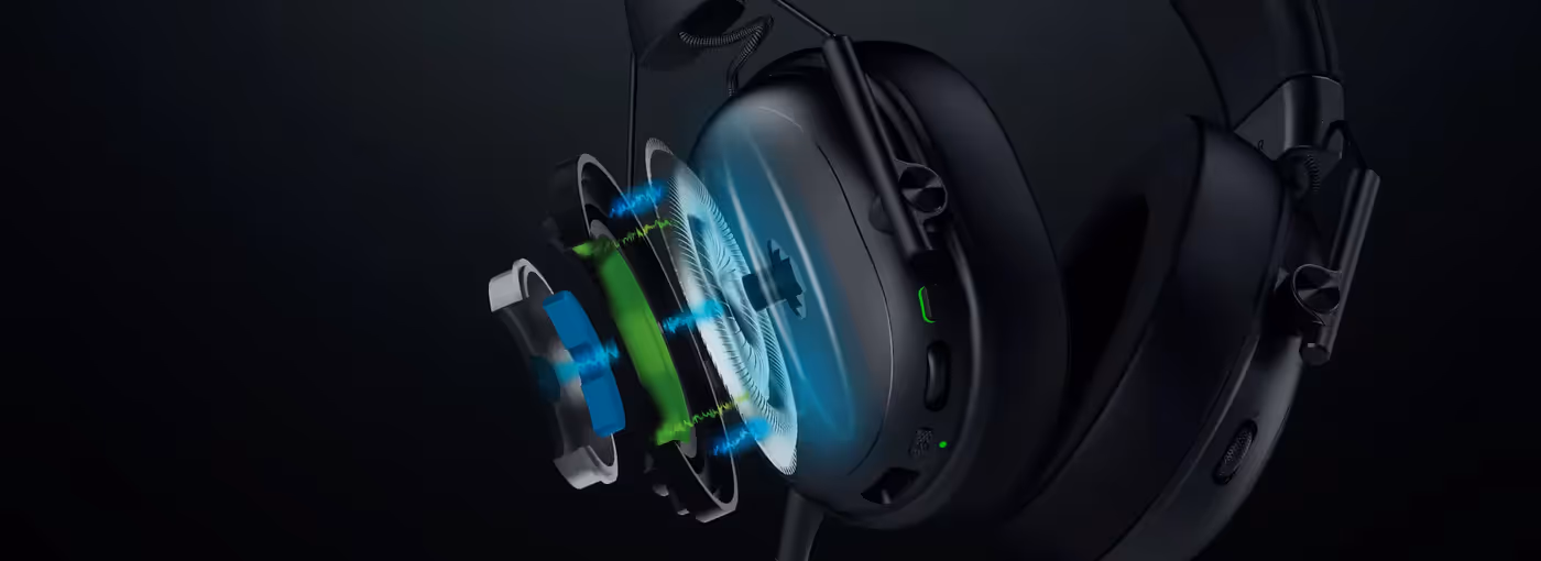 Headphones with internal components exposed, showing sound wave flow and highlight of driver and circuitry in a dark background.