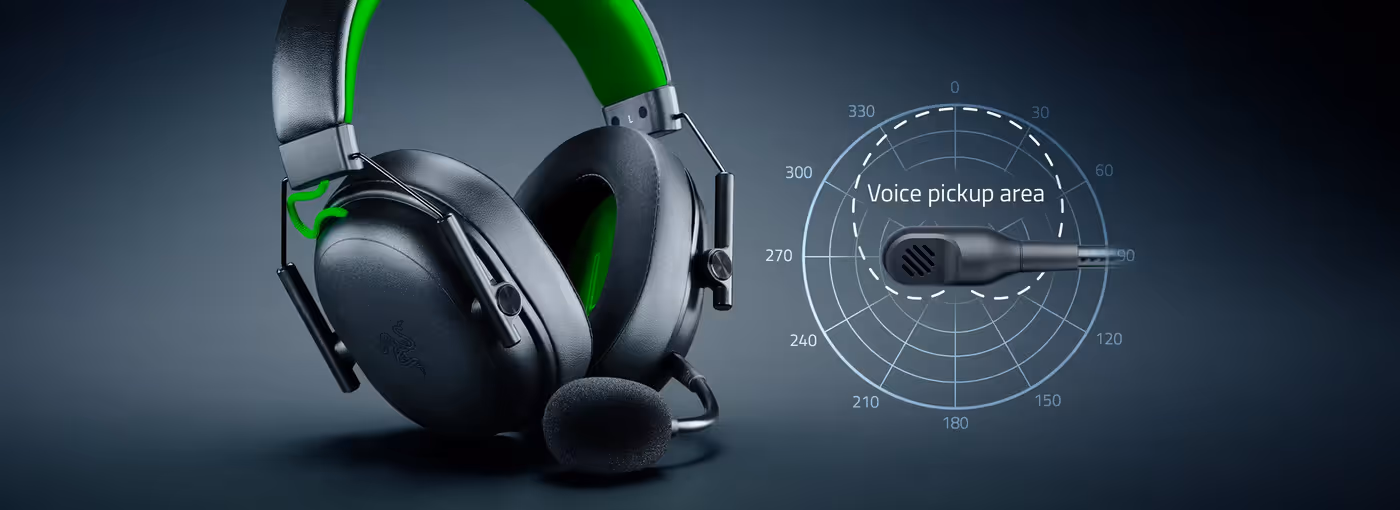 Close up of the detachable HyperClear cardioid microphone on the headset