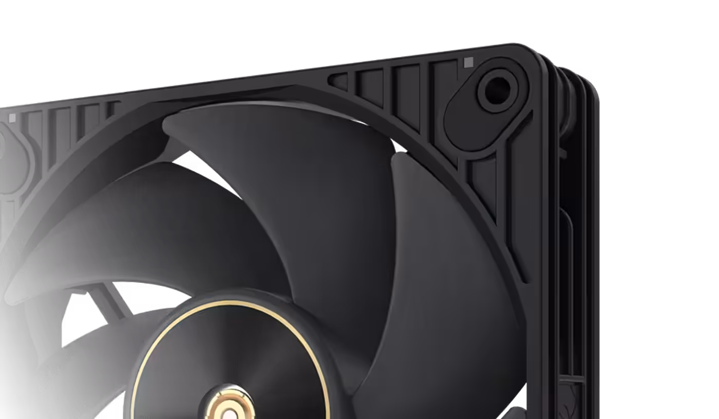 Close-up of a ProArt PF120 PC case fan against a dark background showing LCP blades.