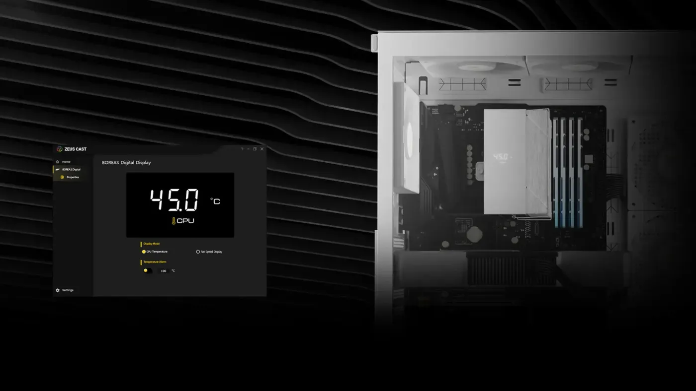 Digital display on top of the CPU cooler showing real-time temperature and RPM data