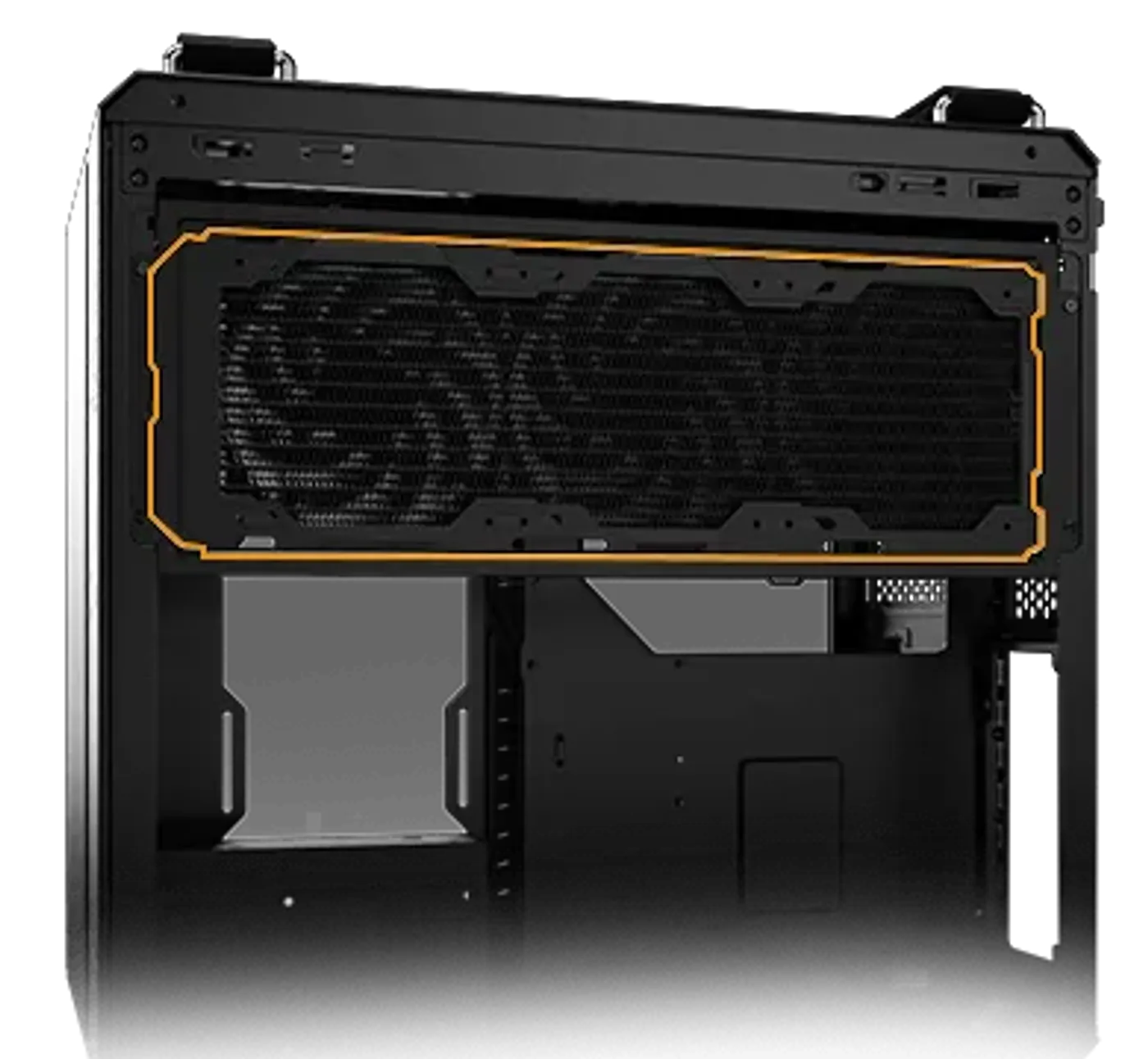 TUF Gaming GT502 Horizon ARGB with radiator installed in rear chamber
