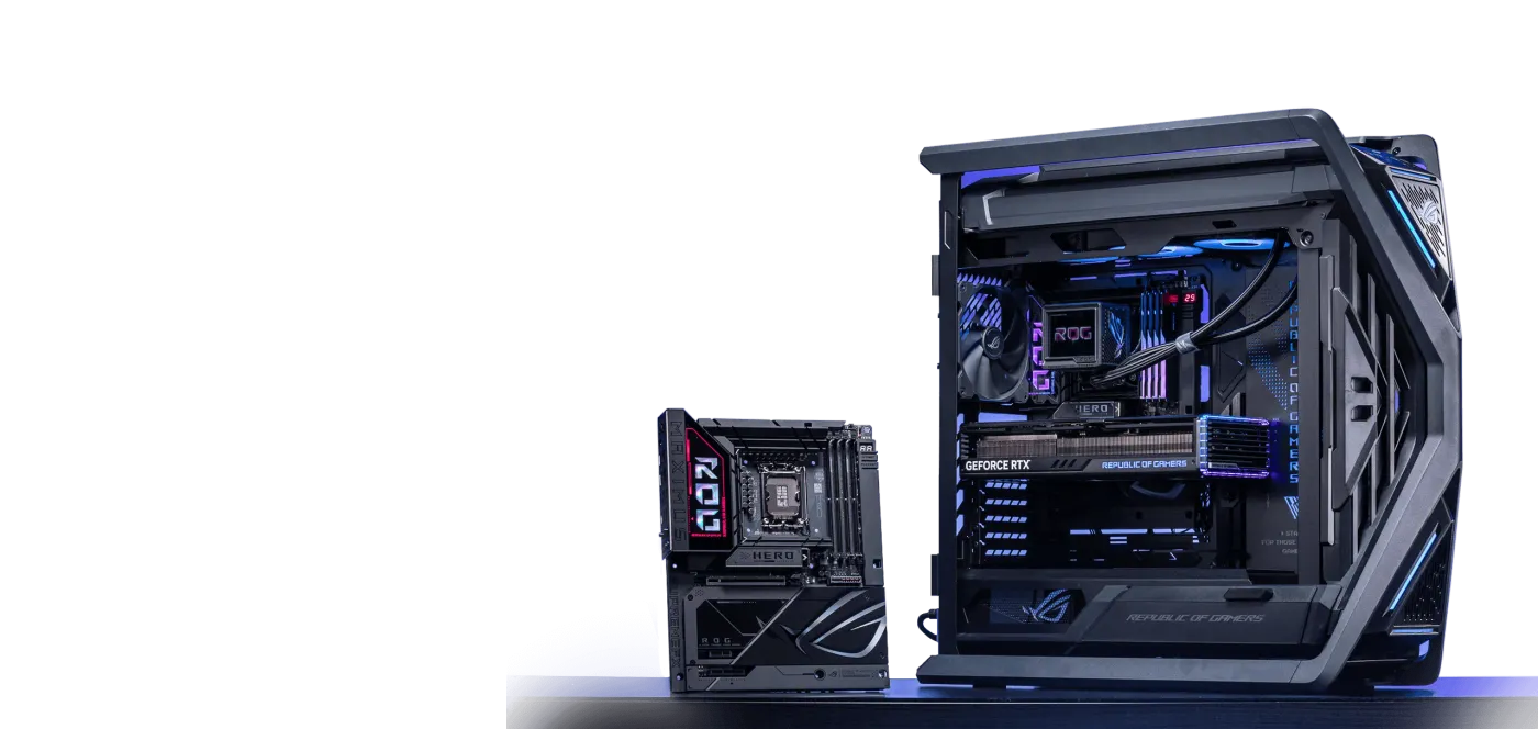 ROG BTF Ecosystem with ROG Maximus Z890 Hero BTF motherboard, ROG Strix GeForce RTX™ 4090 BTF Edition graphics card, and ROG Hyperion GR701 BTF Edition chassis