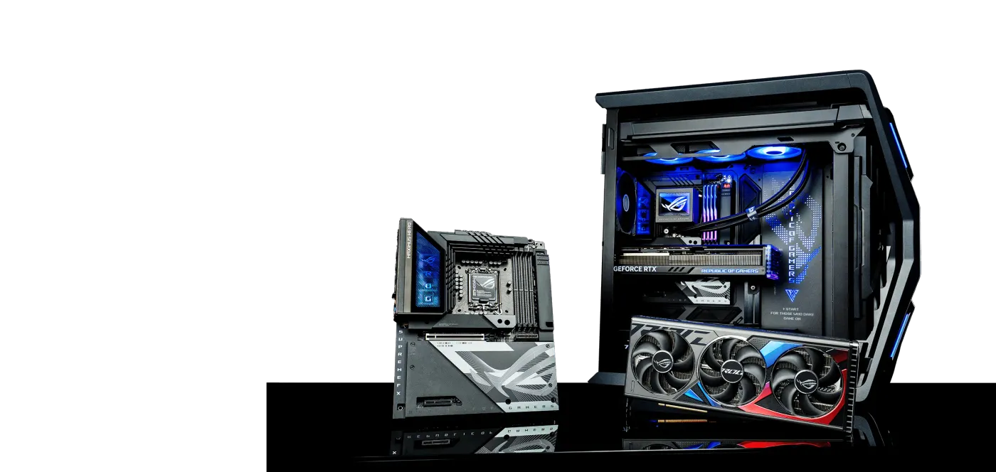 ROG BTF Ecosystem with ROG Maximus Z790 Hero BTF motherboard, ROG Strix GeForce RTX™ 4090 BTF Edition graphics card, and ROG Hyperion GR701 BTF Edition chassis