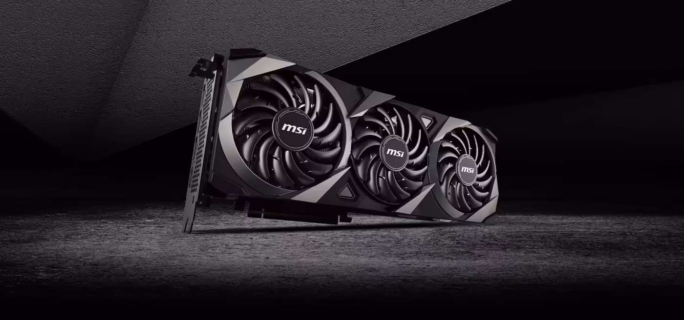 VENTUS graphics card highlighting its triple fan arrangement and industrial build layout