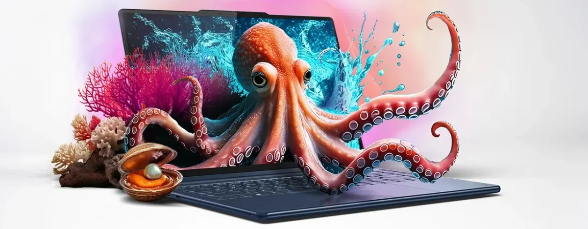 Colorful octopus imagery shown on the high-definition 14-inch PureSight OLED display