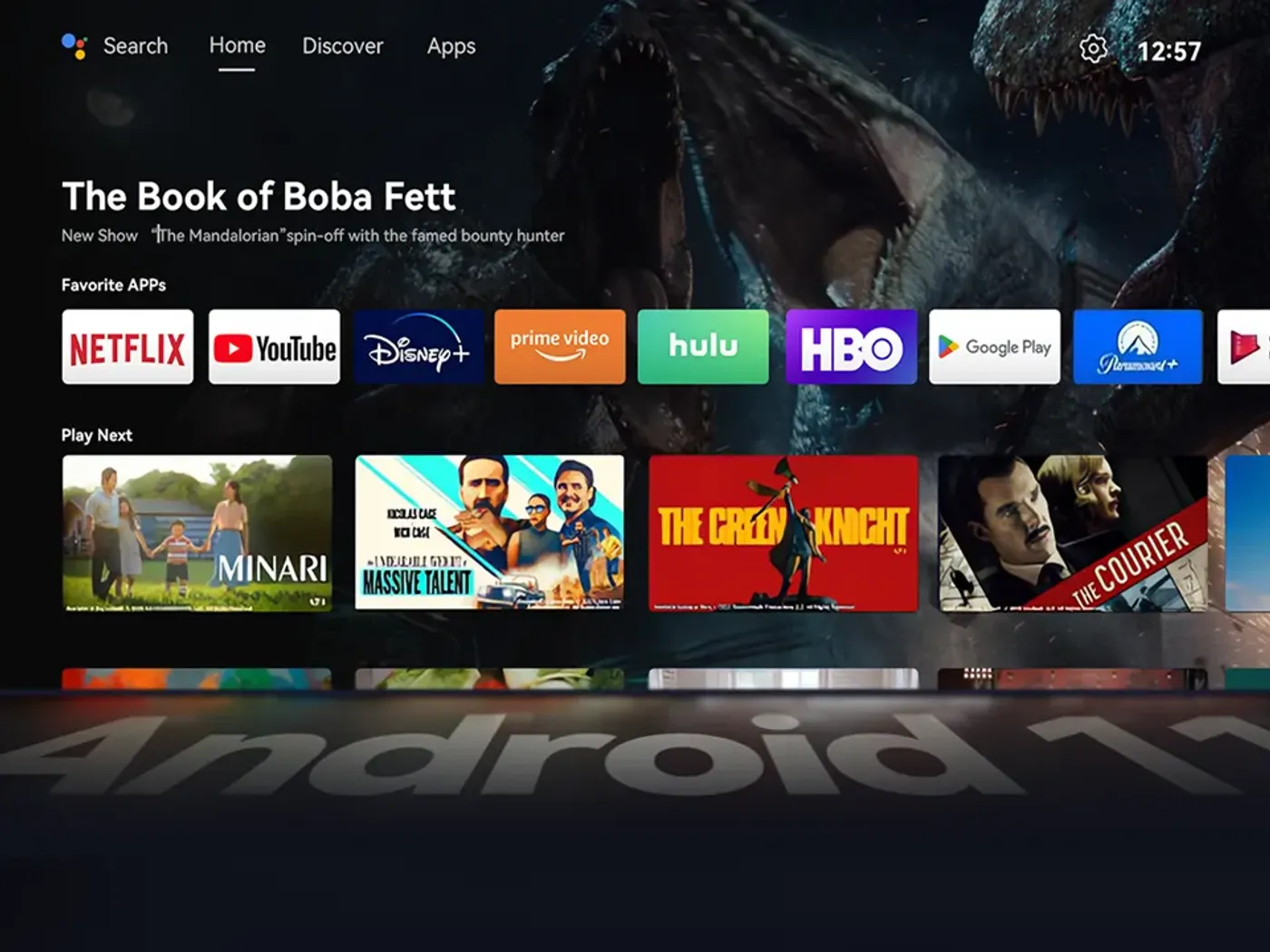 Android TV 11.0 interface on Wanbo projector showing streaming apps