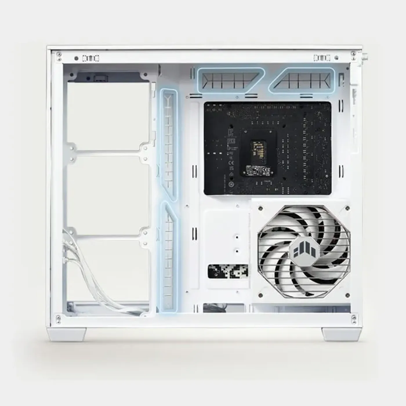 Interior of an open white A32 PLUS case with silicone grommets are highlighted by blue lights to show cable management paths