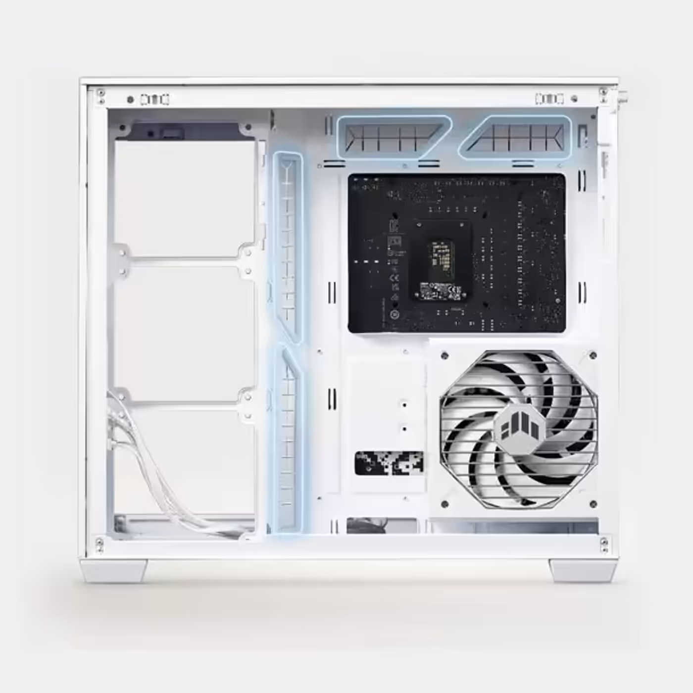 Interior of an open white A32 PLUS case with silicone grommets are highlighted by blue lights to show cable management paths