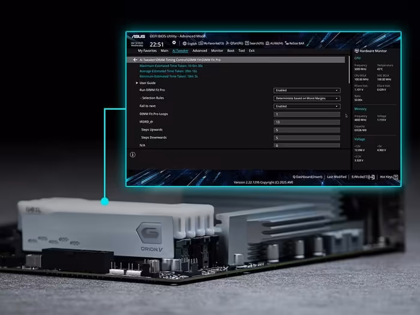 Graphic marking the location of DIMMs and showing the UI of the feature DIMM Fit / DIMM Fit Pro.