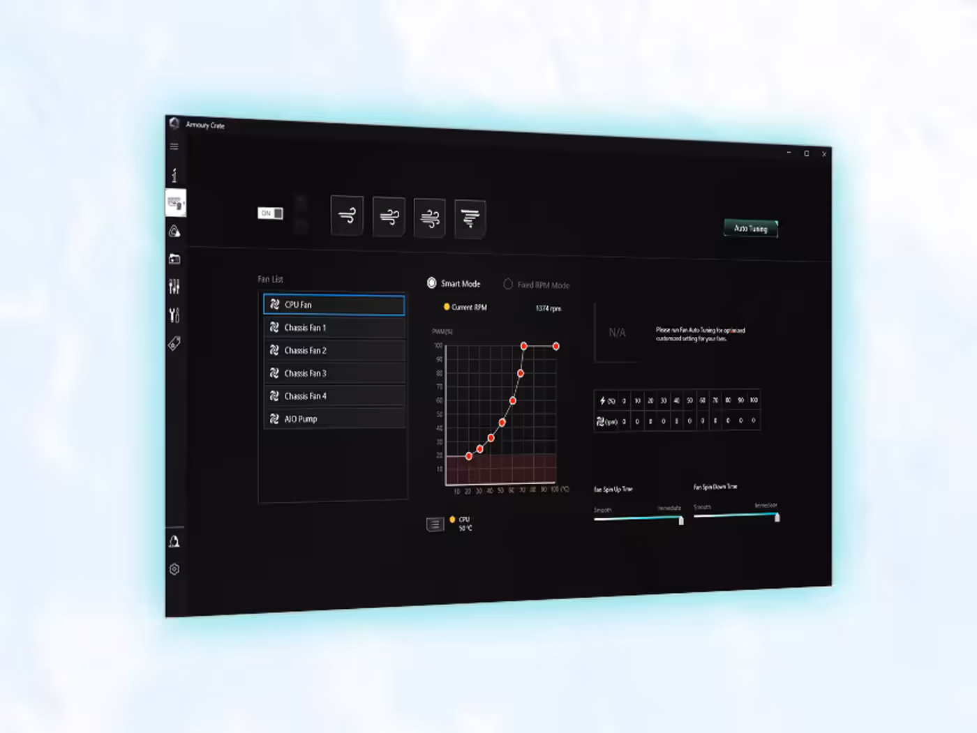 Software interface for ASUS Fan Xpert 2+ showing fan configuration settings