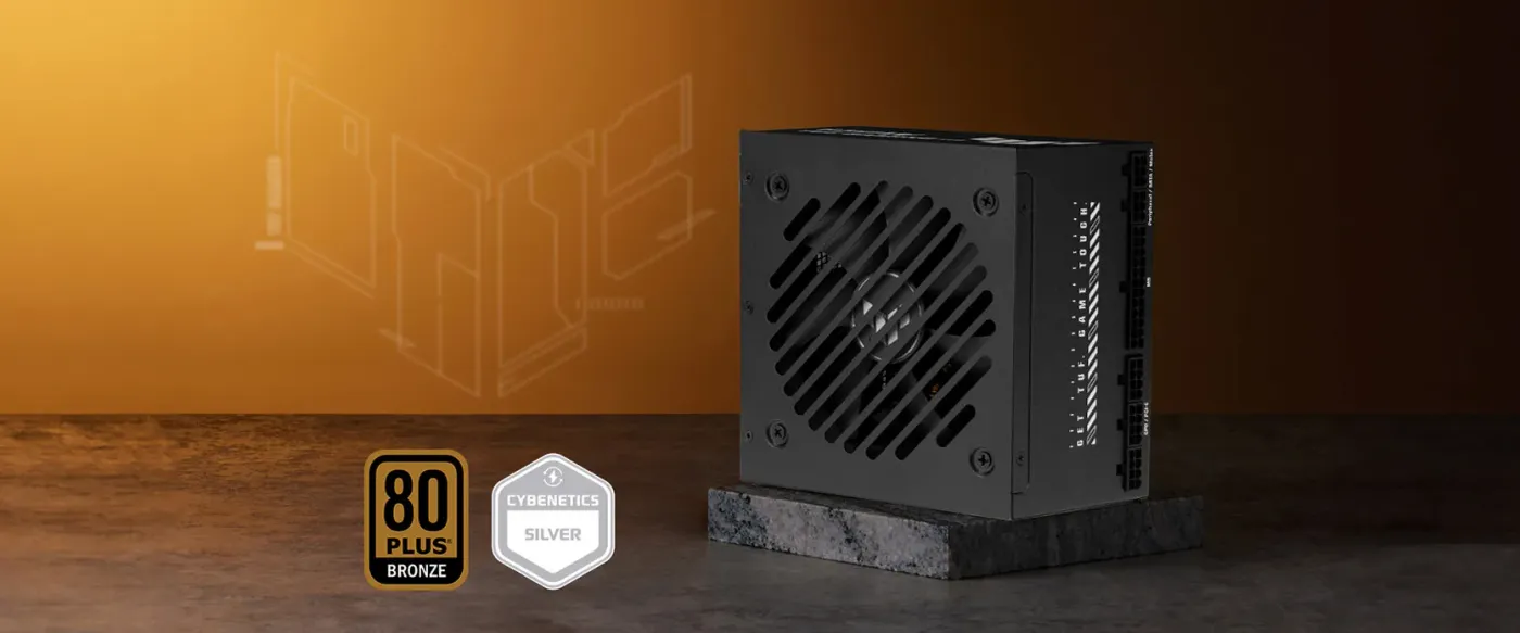 A TUF Gaming Bronze EVO power supply with certification badges for 80 PLUS Bronze and Cybenetics Silver