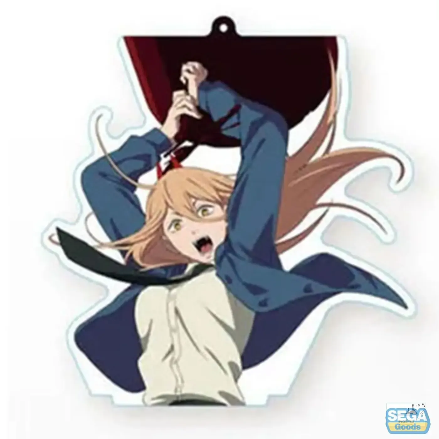 Chainsaw Man Power clear acrylic keychain resting on its display stand