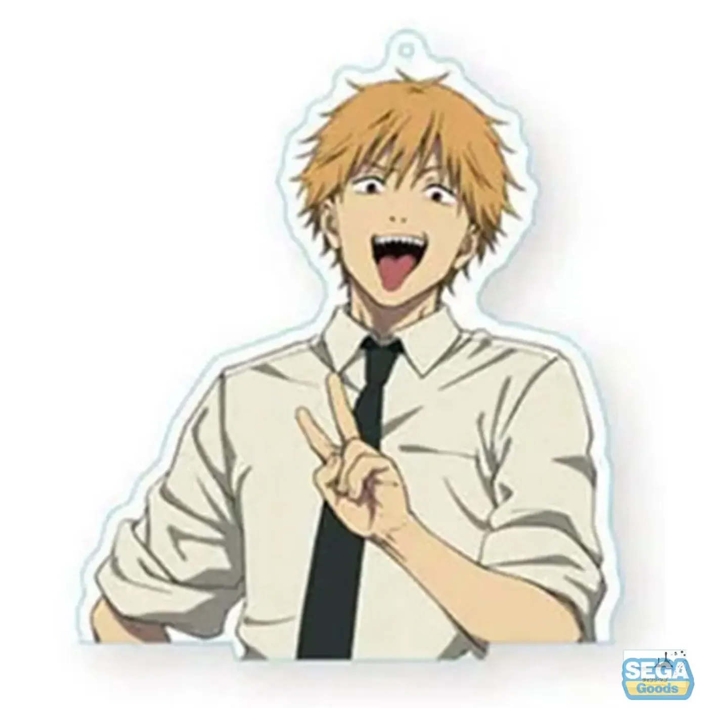Chainsaw Man Denji clear acrylic keychain shown upright on its built-in stand