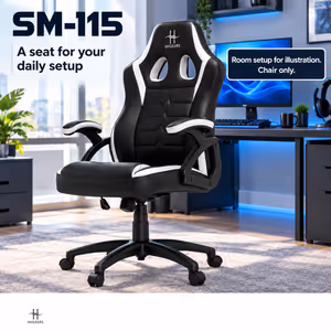 HHGears SM-115 PU Leather Gaming Chair – Black/White, Height Adjustable - image 3