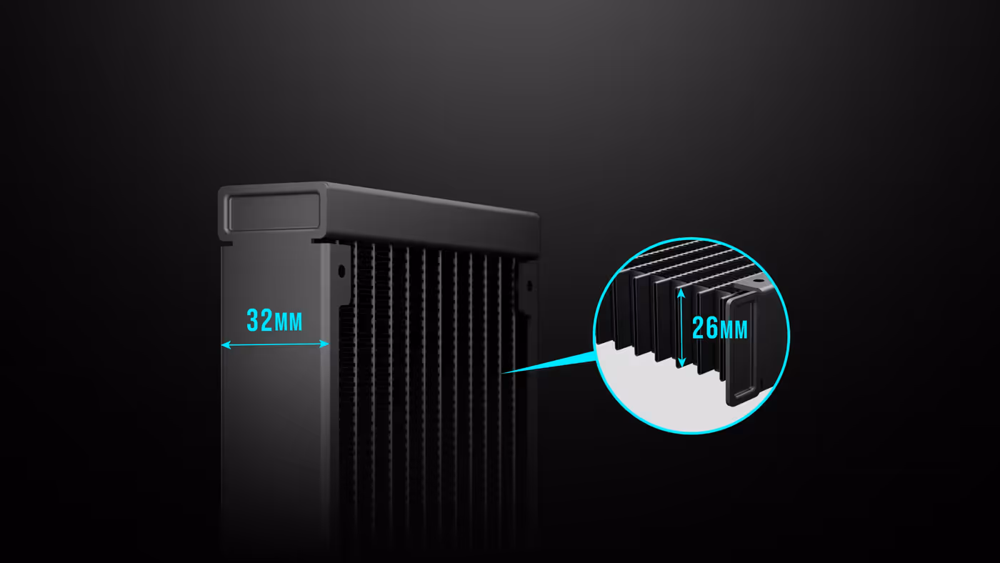 High density fin array structure on the 32mm thick radiator