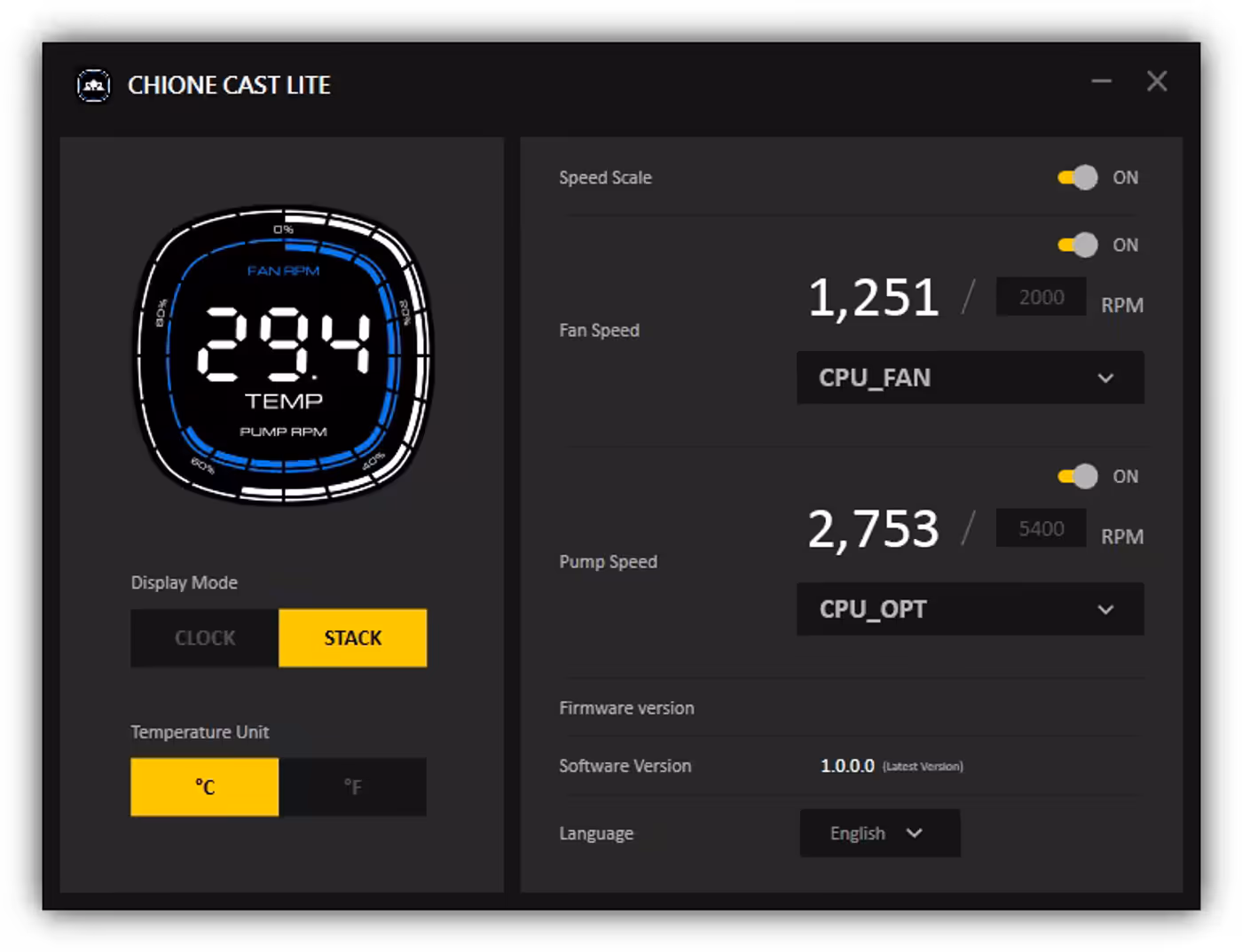 CHIONE CAST LITE software application interface displaying system options