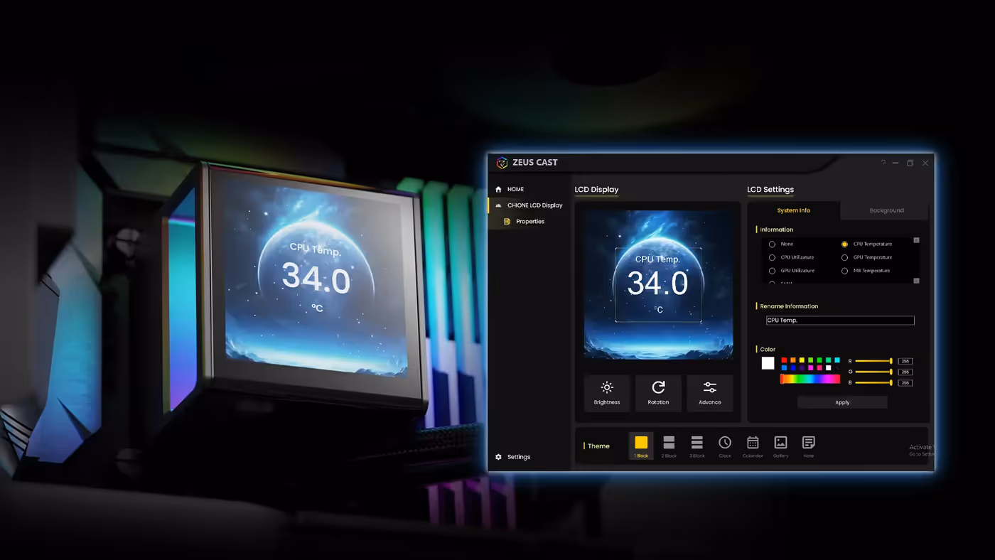 Software interface for customizing the CHIONE P5 liquid cooler screen