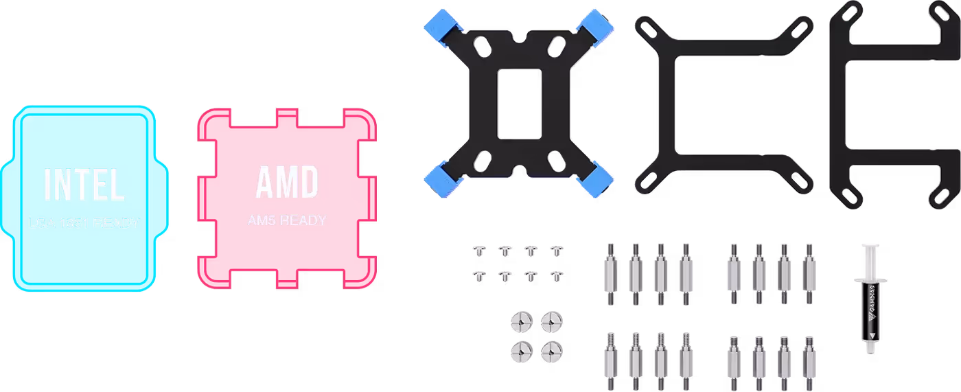 Cooling unit showing universal mounting hardware for Intel and AMD sockets