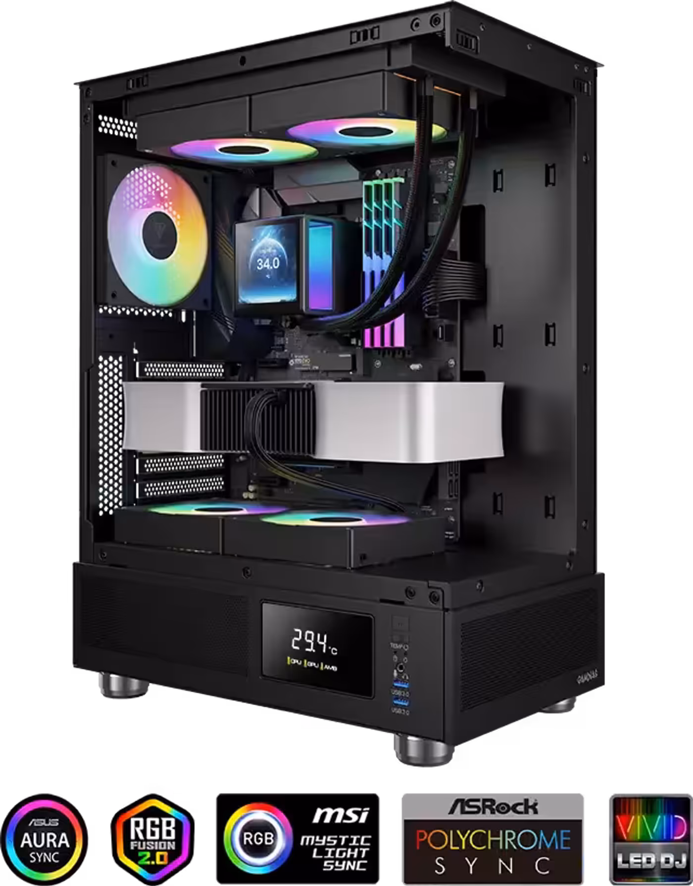 Close up of vibrant RGB lighting effects on the cooling unit