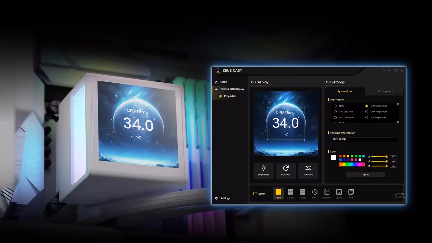 Interface of the ZEUS CAST software for theme and system customization