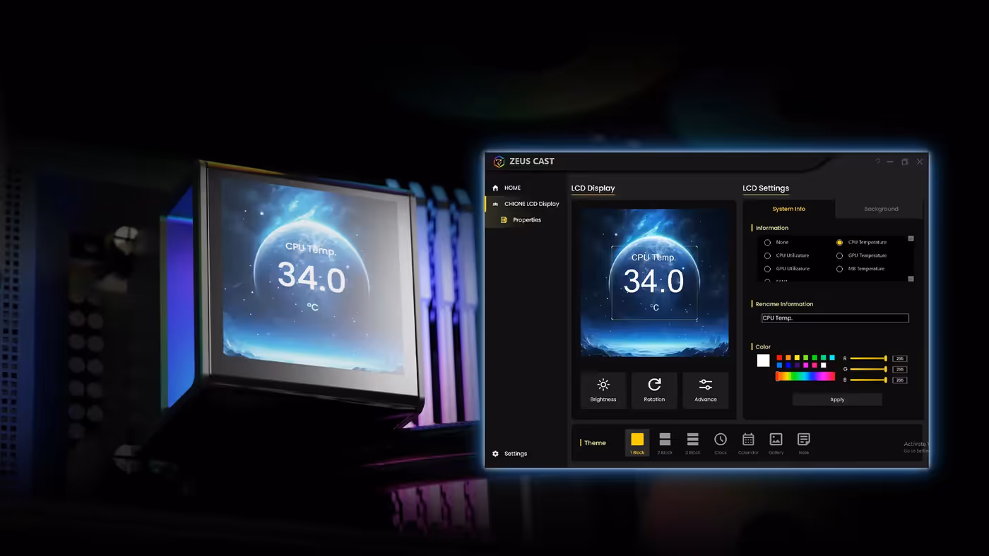Customizable interface of the ZEUS CAST software for liquid cooler display management