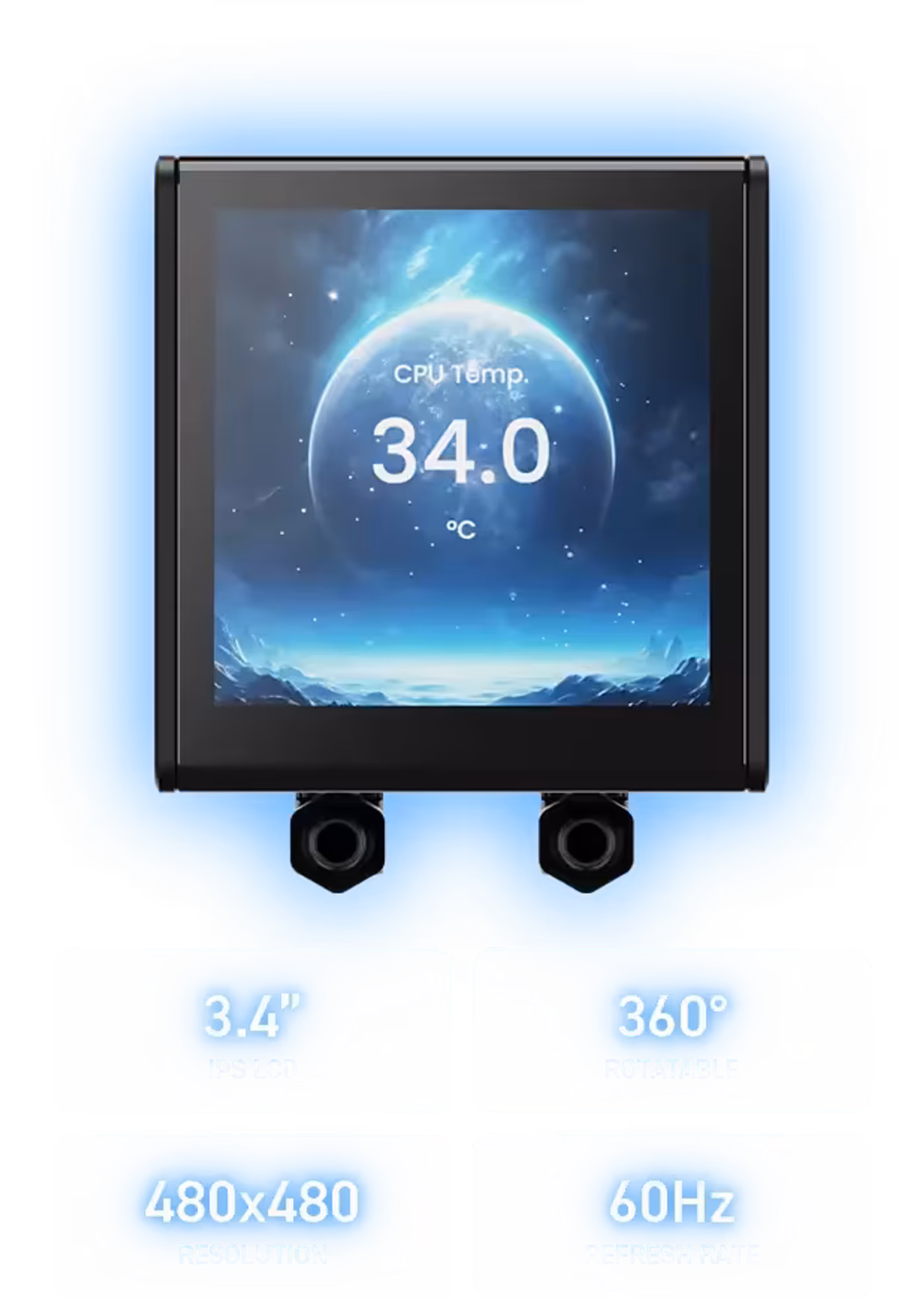 CHIONE P5 series liquid cooler showing real-time system stats on IPS display