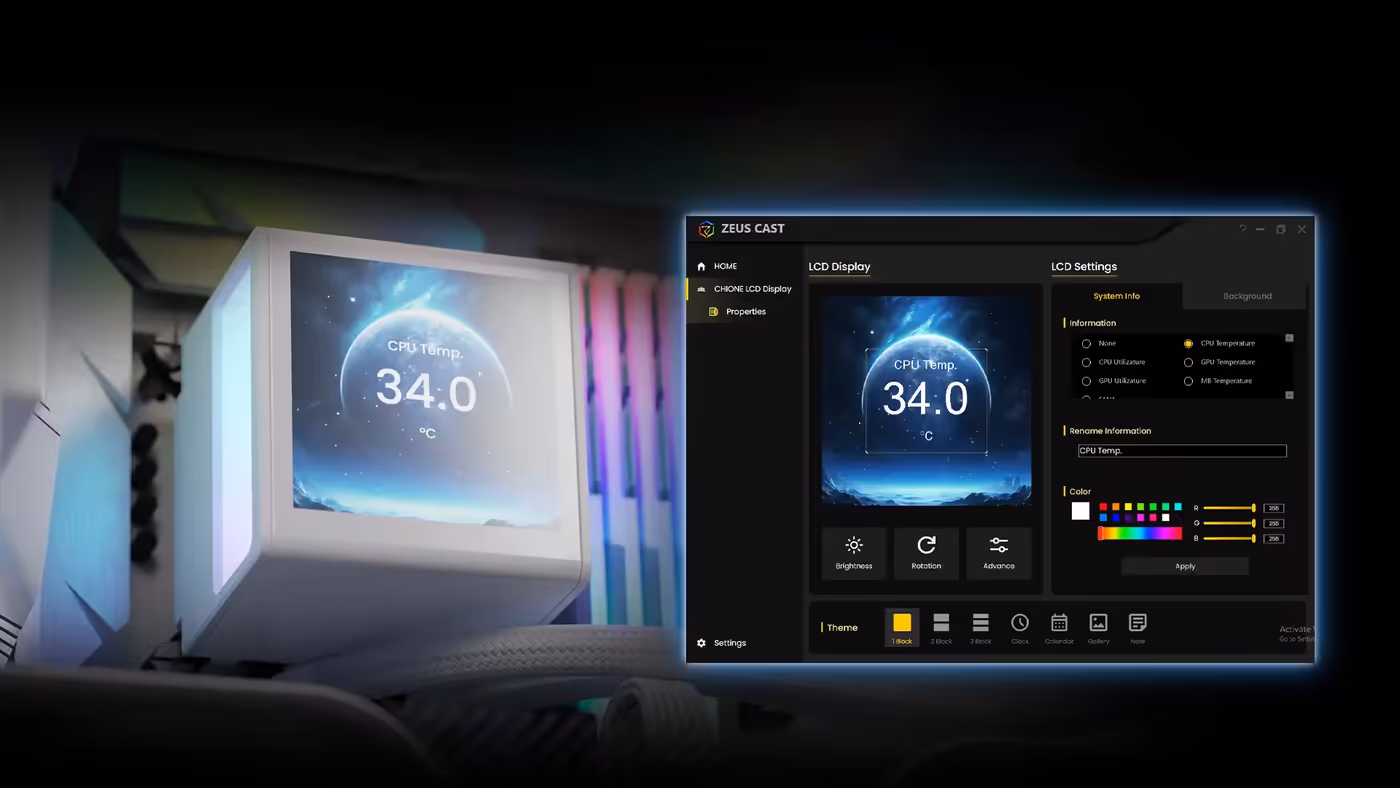 ZEUS CAST software interface showing customization options for the LCD screen