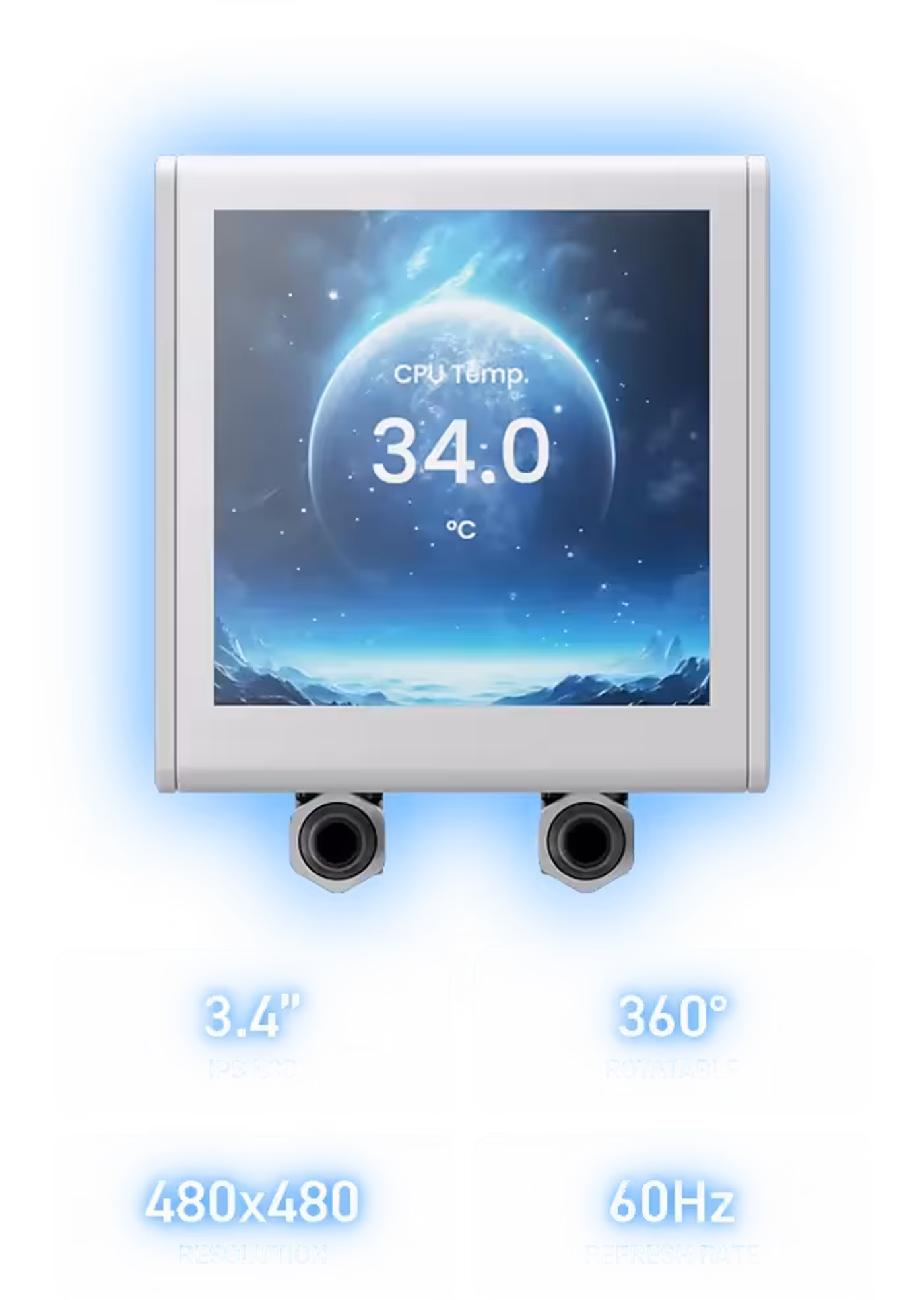 3.4-inch IPS LCD screen showing customizable system monitoring statistics
