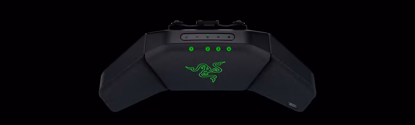 Razer product interface featuring volume, power, source, and EQ mode buttons