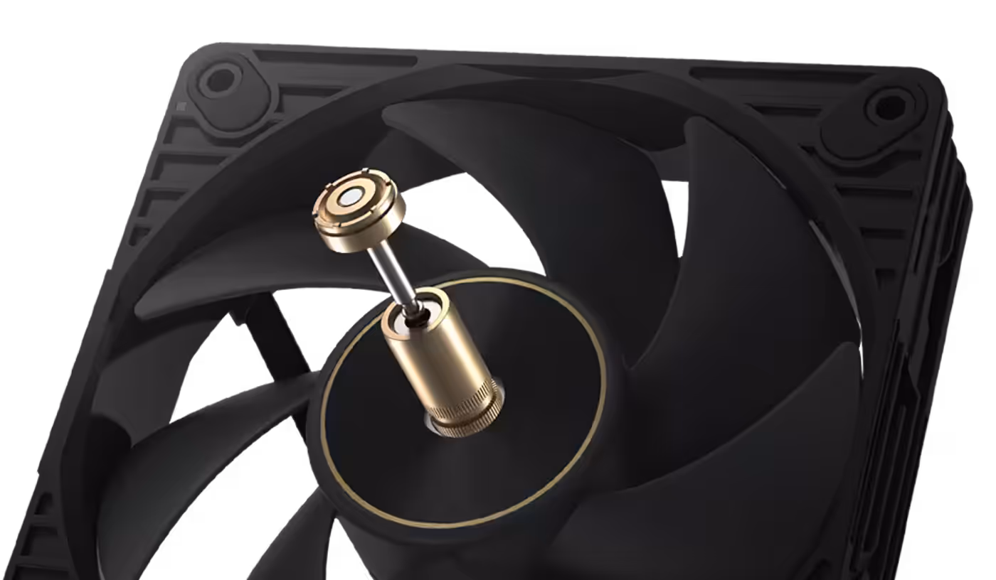 Close-up of a ProArt PF120 PC case fan with a gold cylindrical component above it to show its brass bearing shell design.