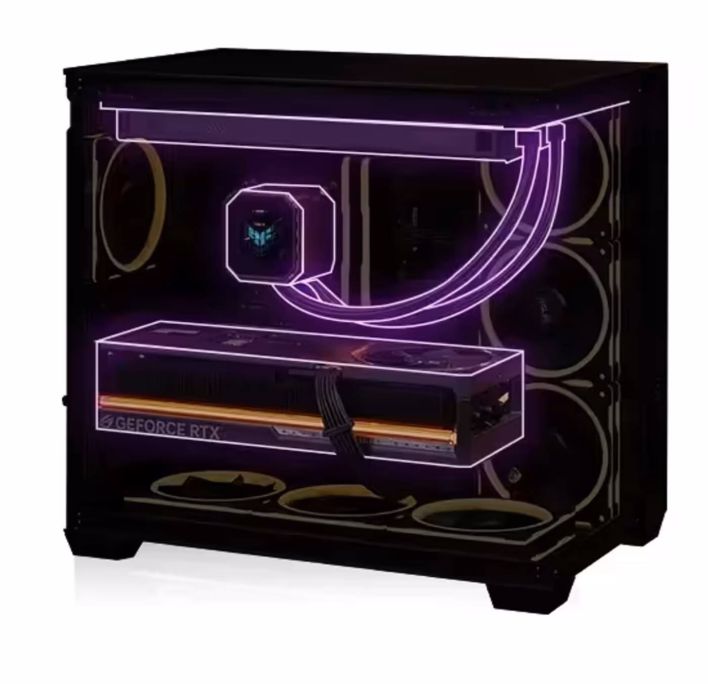 A32 PLUS PC with transparent casing showcases internal components illuminated by purple LED lights