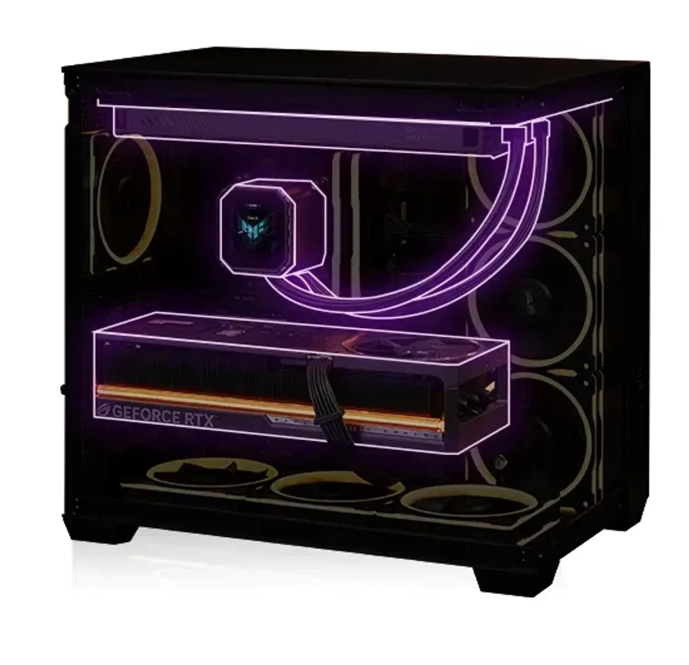 A32 PLUS PC with transparent casing showcases internal components illuminated by purple LED lights