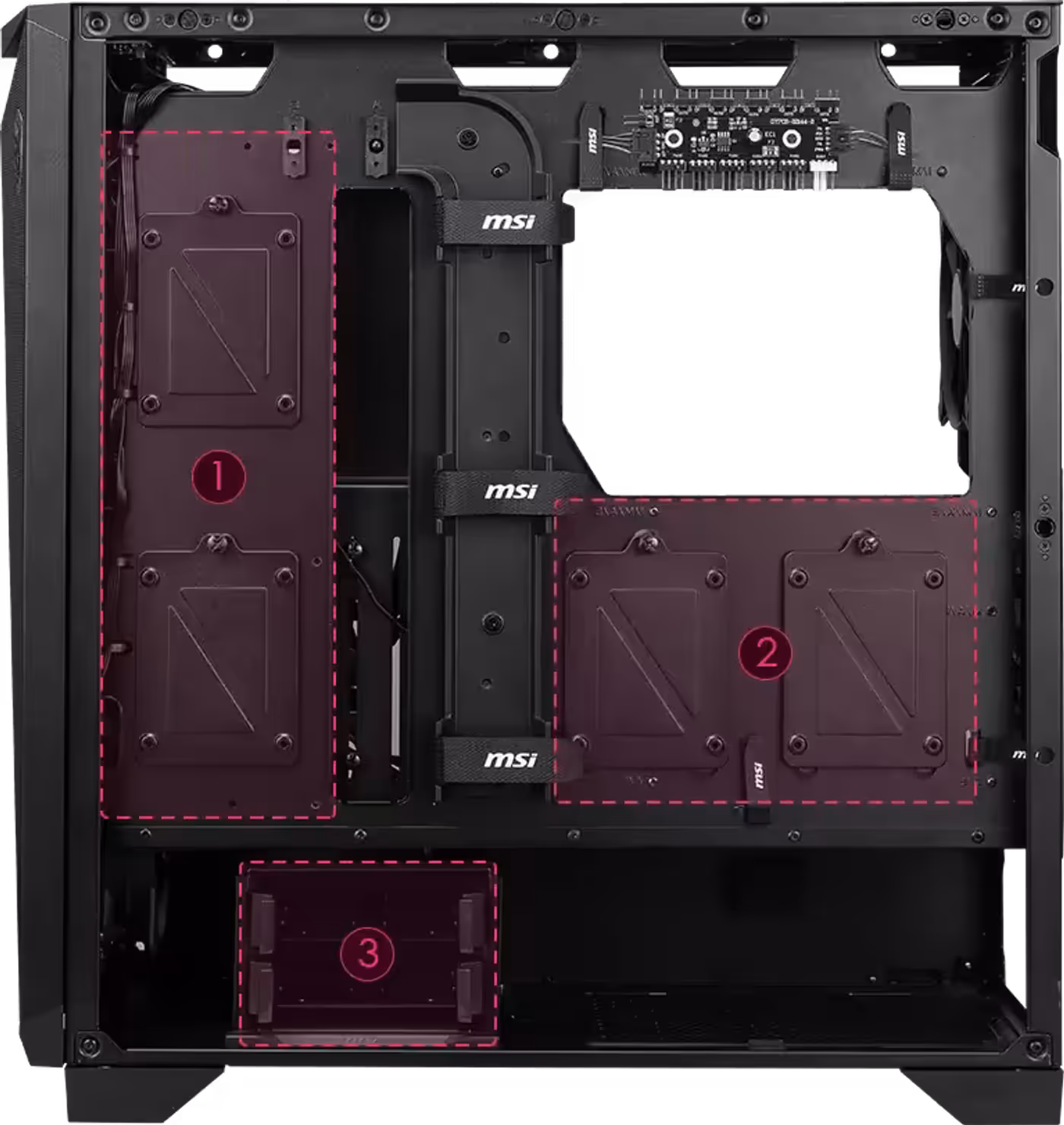 MPG GUNGNIR 300R AIRFLOW internal storage bay arrangement