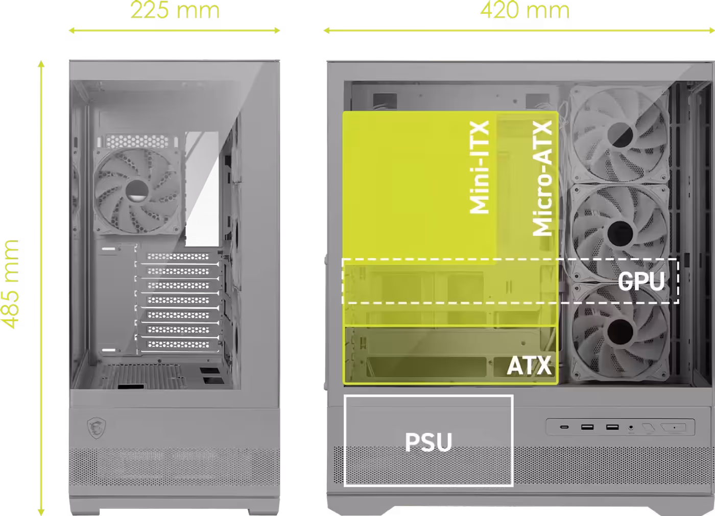 Detailed view of internal hardware compatibility for motherboards, GPUs, and coolers