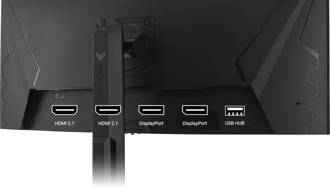 Monitor rear showing two HDMI 2.1 and two DisplayPort 1.4 ports