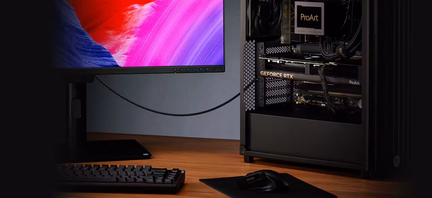 ProArt PC build connecting to a monitor via USB Type-C with desk peripherals