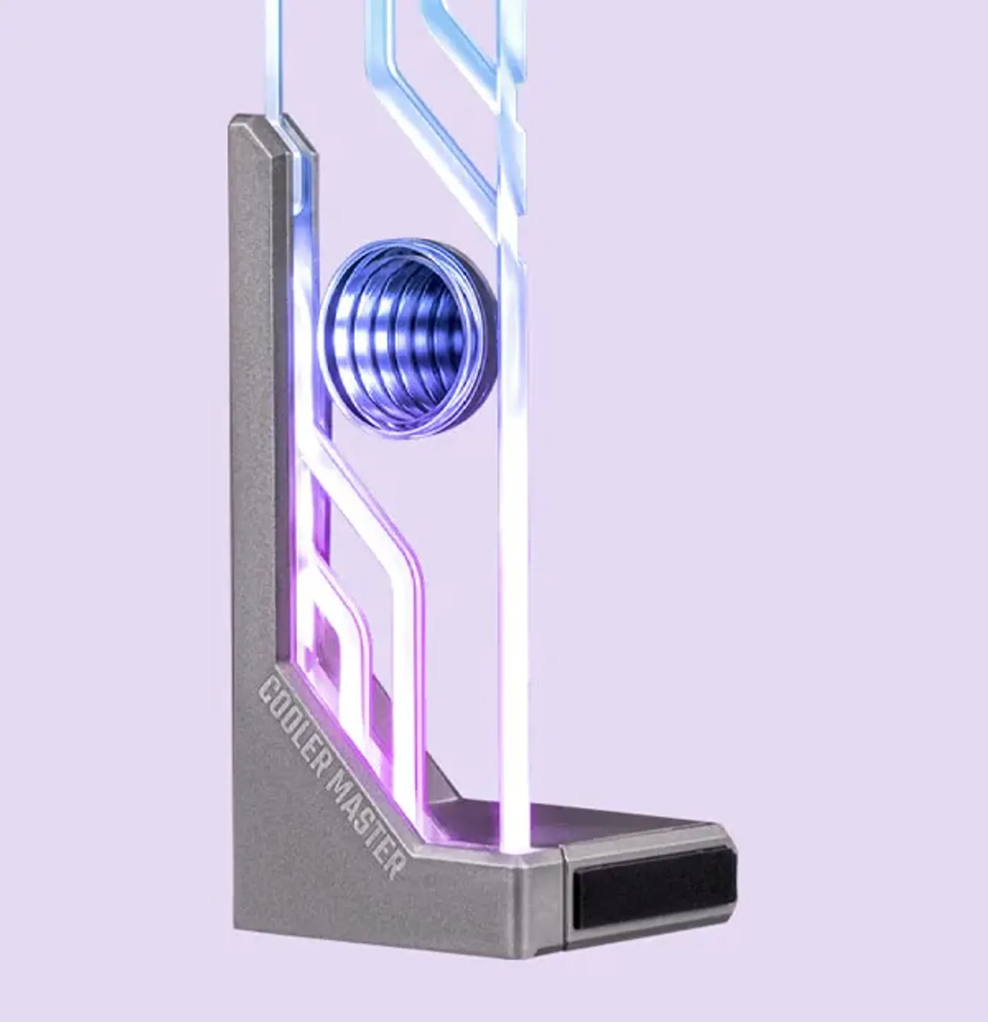 Edge-lit ARGB lighting rails on the tempered glass of the Atlas
